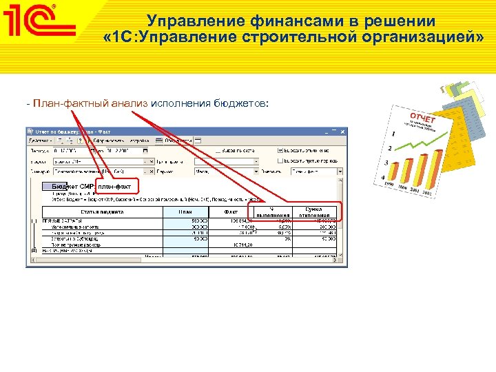 Управление финансами в решении « 1 С: Управление строительной организацией» - План-фактный анализ исполнения