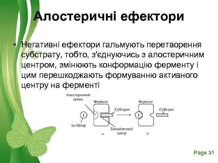 Алостеричні ефектори • Негативні ефектори гальмують перетворення субстрату, тобто, з'єднуючись з алостеричним центром, змінюють