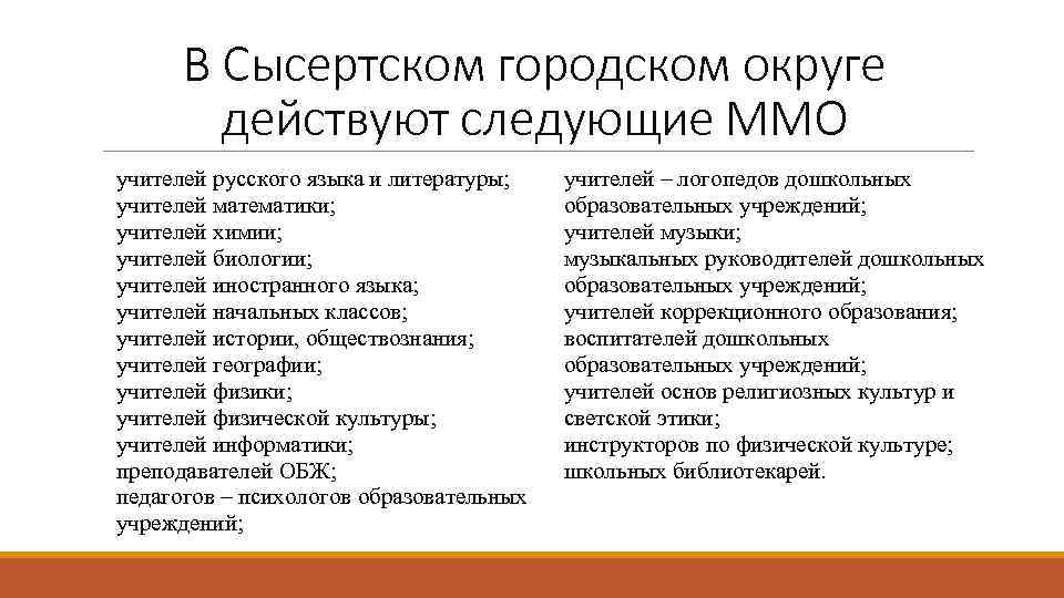 В Сысертском городском округе действуют следующие ММО учителей русского языка и литературы; учителей математики;