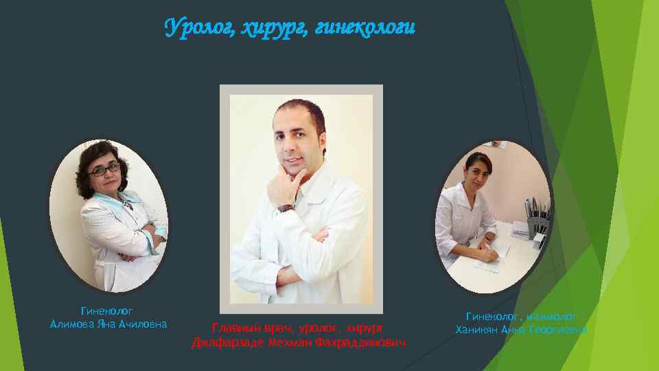 Уролог, хирург, гинекологи Гинеколог Алимова Яна Ачиловна Главный врач, уролог, хирург Джафарзаде Мехман Фахраддинович