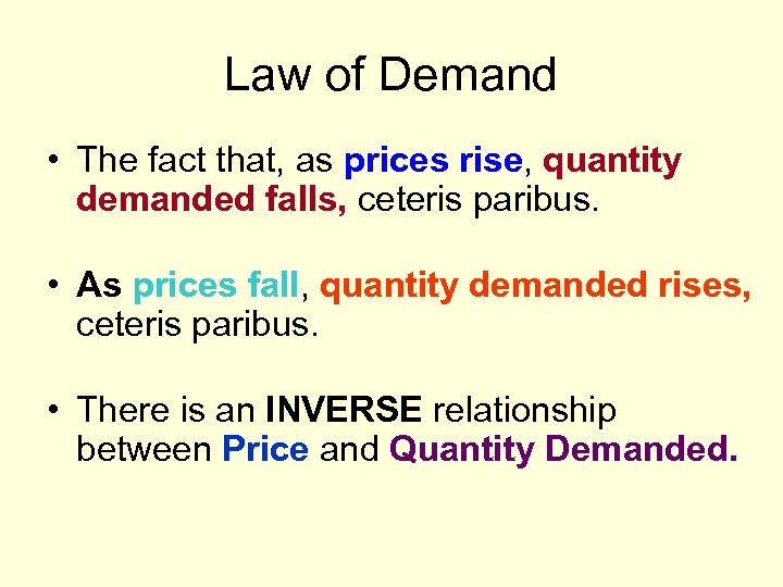 Law of Demand • The fact that, as prices rise, quantity demanded falls, ceteris
