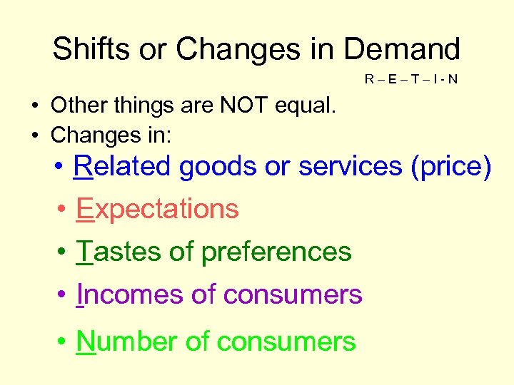 Shifts or Changes in Demand R–E–T–I-N • Other things are NOT equal. • Changes