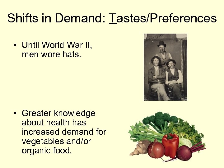 Shifts in Demand: Tastes/Preferences • Until World War II, men wore hats. • Greater