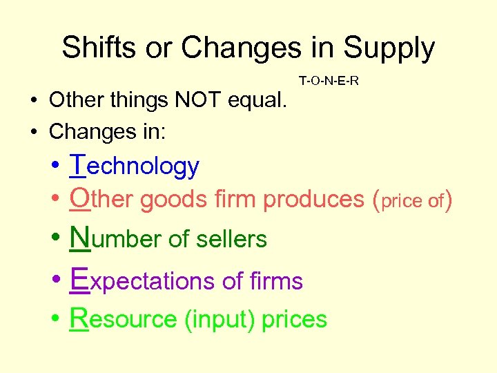 Shifts or Changes in Supply • Other things NOT equal. • Changes in: T-O-N-E-R