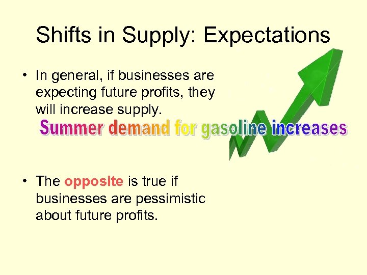 Shifts in Supply: Expectations • In general, if businesses are expecting future profits, they