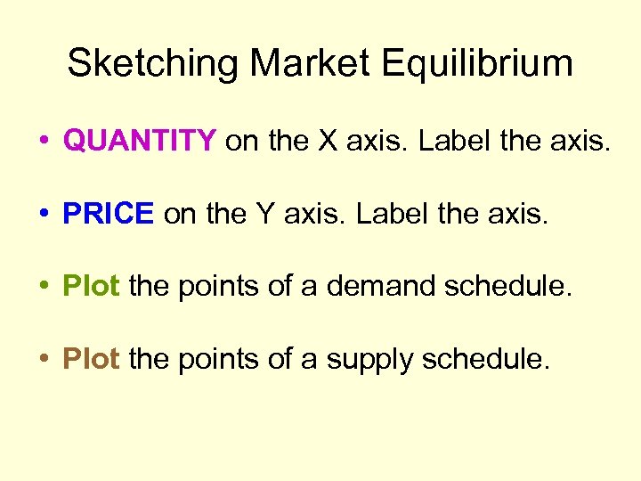 Sketching Market Equilibrium • QUANTITY on the X axis. Label the axis. • PRICE