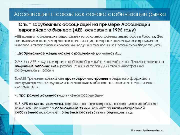 Ассоциации и союзы как основа стабилизации рынка Опыт зарубежных ассоциаций на примере Ассоциации европейского