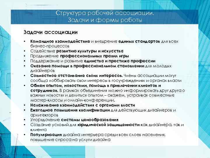 Структура рабочей ассоциации. Задачи и формы работы Задачи ассоциации • • • Командное взаимодействие