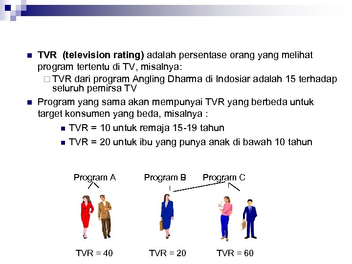 n n TVR (television rating) adalah persentase orang yang melihat program tertentu di TV,