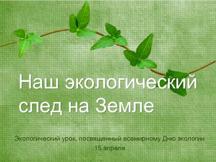 Наш экологический след на Земле Экологический урок, посвященный всемирному Дню экологии 15 апреля 