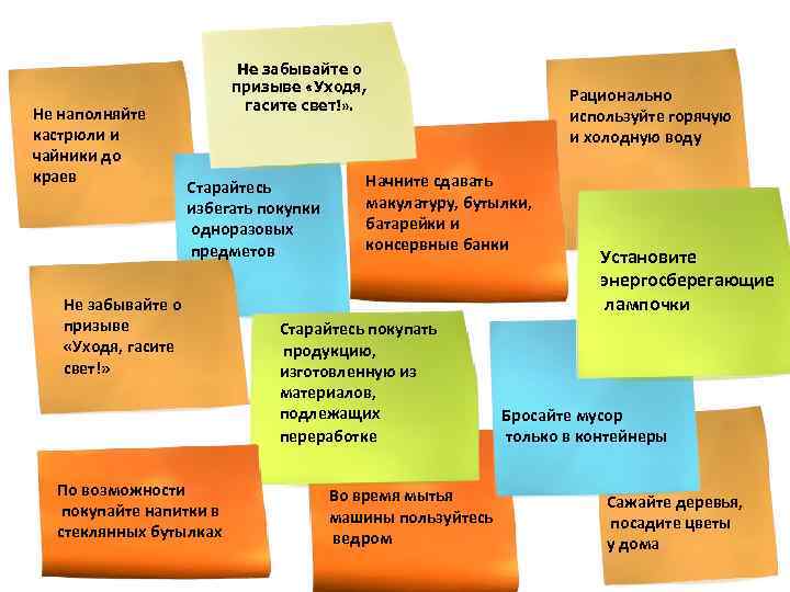 Не наполняйте кастрюли и чайники до краев Не забывайте о призыве «Уходя, гасите свет!»
