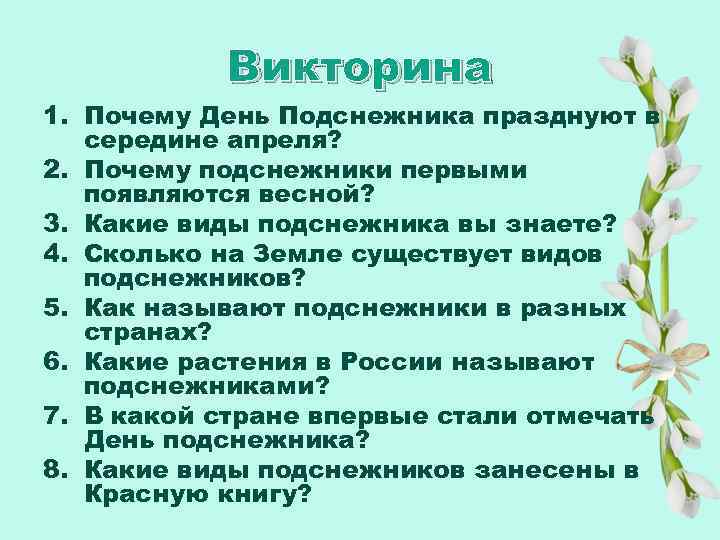 Викторина 1. Почему День Подснежника празднуют в середине апреля? 2. Почему подснежники первыми появляются