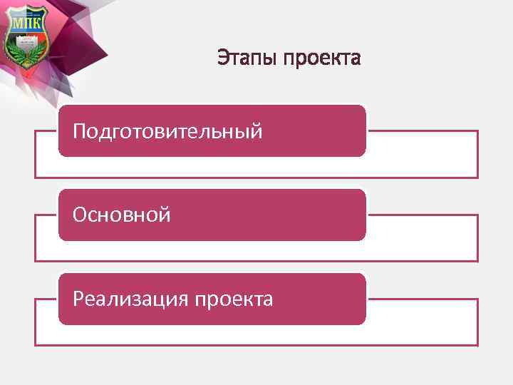 Этапы проекта Подготовительный Основной Реализация проекта 