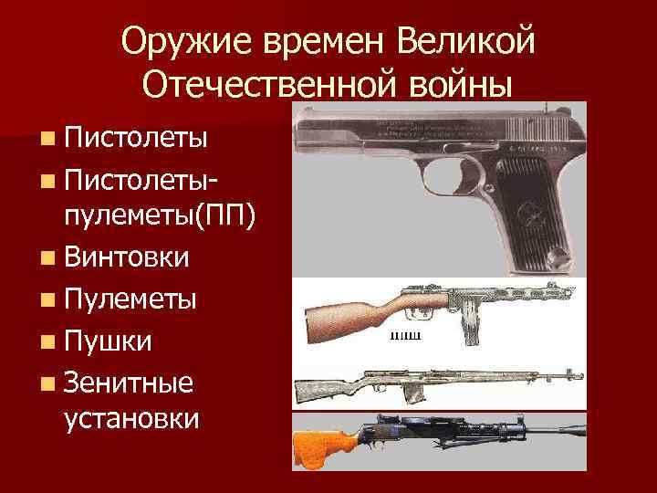 Оружие времен Великой Отечественной войны n Пистолеты- пулеметы(ПП) n Винтовки n Пулеметы n Пушки