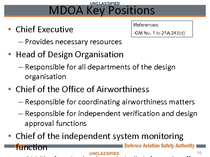 UNCLASSIFIED MDOA Key Positions References: • Chief Executive -GM No. 1 to 21 A.