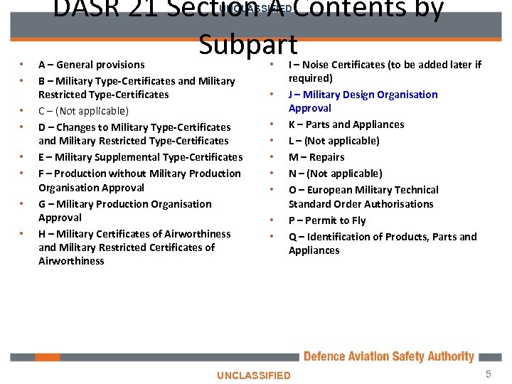 DASR 21 Section A Contents by Subpart UNCLASSIFIED • • A – General provisions
