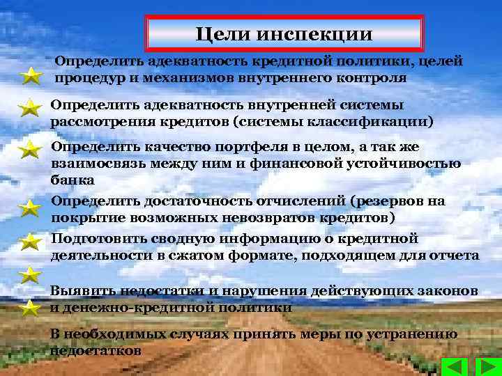 Цели инспекции Определить адекватность кредитной политики, целей процедур и механизмов внутреннего контроля Определить адекватность