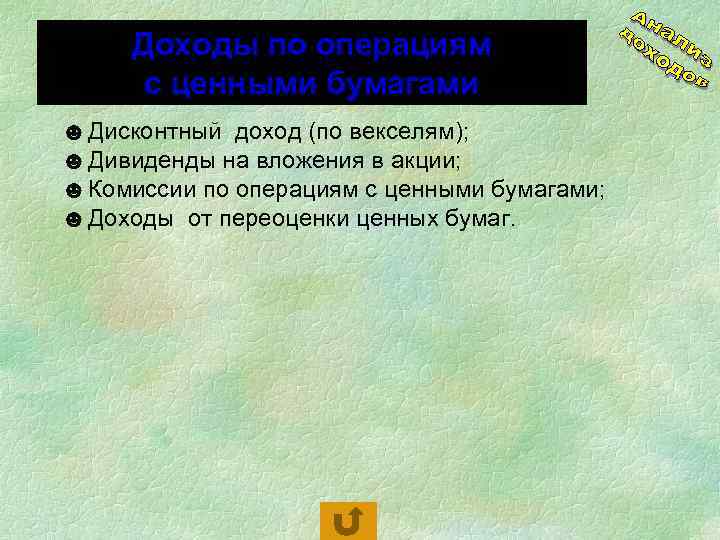 Доходы по операциям с ценными бумагами ☻ Дисконтный доход (по векселям); ☻ Дивиденды на