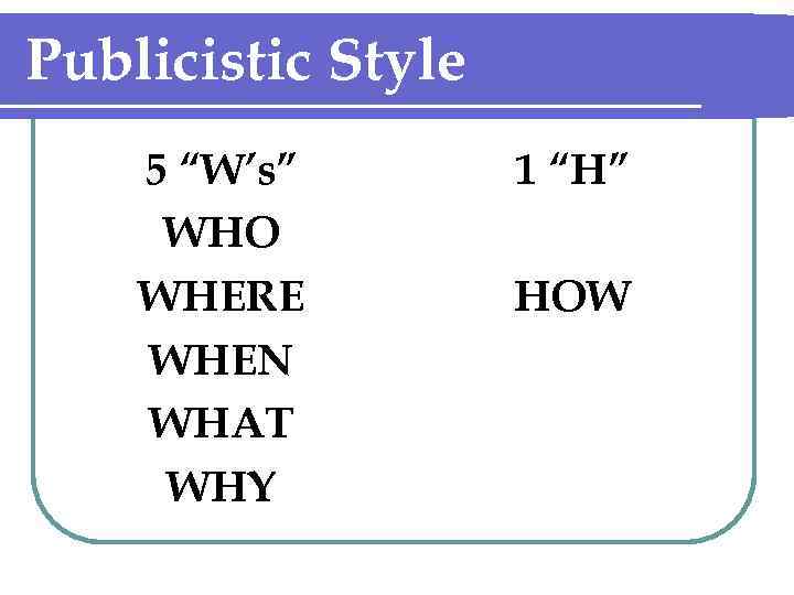 Publicistic Style 5 “W’s” WHO WHERE WHEN WHAT WHY 1 “H” HOW 