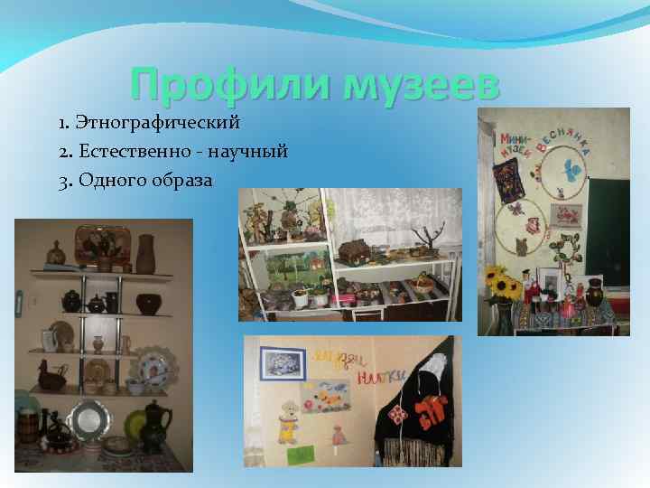 Профили музеев 1. Этнографический 2. Естественно - научный 3. Одного образа 