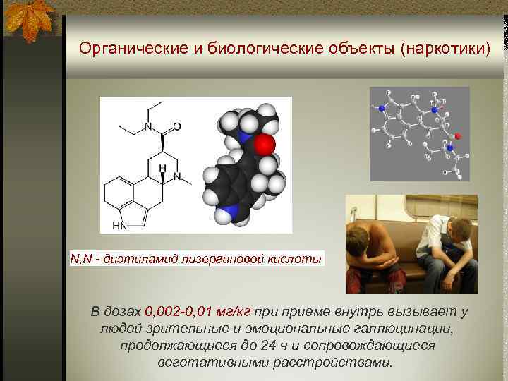 Органические и биологические объекты (наркотики) N, N - диэтиламид лизергиновой кислоты В дозах 0,