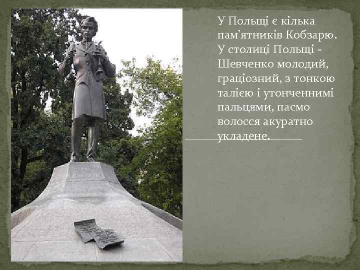 У Польщі є кілька пам'ятників Кобзарю. У столиці Польщі Шевченко молодий, граціозний, з тонкою