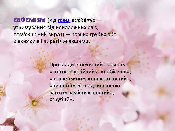 (від грец. euphémia — утримування від неналежних слів, пом'якшений вираз) — заміна грубих або