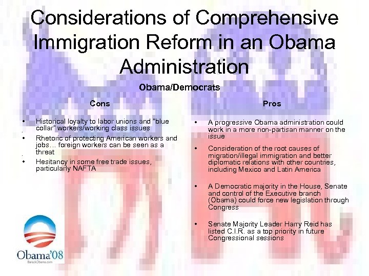 Considerations of Comprehensive Immigration Reform in an Obama Administration Obama/Democrats Cons • • •