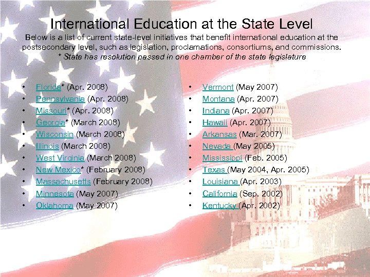 International Education at the State Level Below is a list of current state-level initiatives