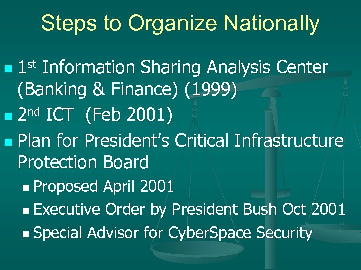Steps to Organize Nationally 1 st Information Sharing Analysis Center (Banking & Finance) (1999)