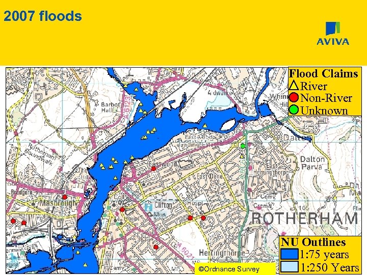 2007 floods Flood Claims River Non-River Unknown ©Ordnance Survey NU Outlines 1: 75 years