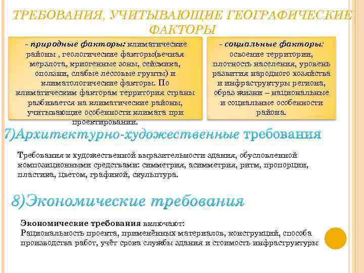 ТРЕБОВАНИЯ, УЧИТЫВАЮЩИЕ ГЕОГРАФИЧЕСКИЕ ФАКТОРЫ - природные факторы: климатические районы , геологические факторы(вечная мерзлота, криогенные