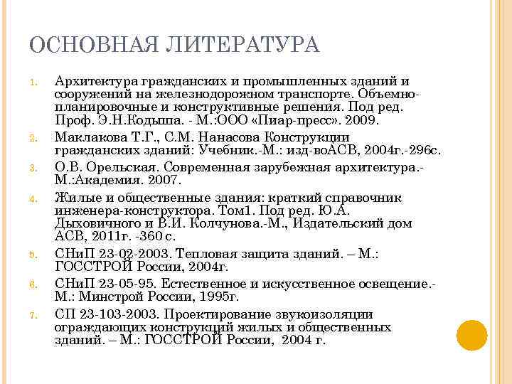 ОСНОВНАЯ ЛИТЕРАТУРА 1. 2. 3. 4. 5. 6. 7. Архитектура гражданских и промышленных зданий
