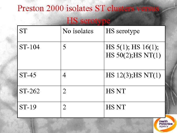 Preston 2000 isolates ST clusters versus HS serotype ST No isolates HS serotype ST-104