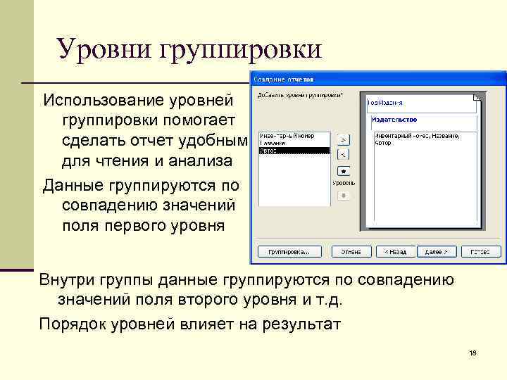 Уровни группировки Использование уровней группировки помогает сделать отчет удобным для чтения и анализа Данные