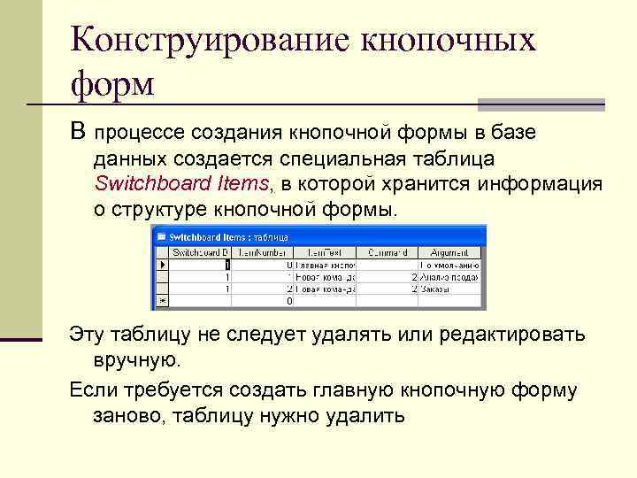 Конструирование кнопочных форм В процессе создания кнопочной формы в базе данных создается специальная таблица