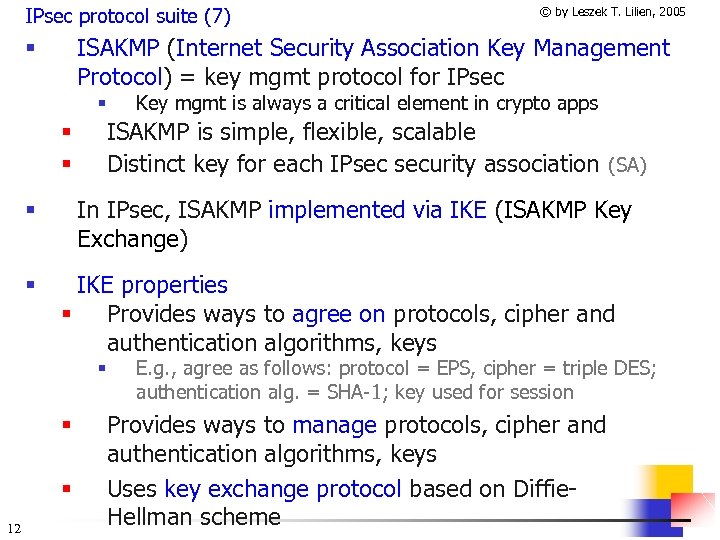 IPsec protocol suite (7) ISAKMP (Internet Security Association Key Management Protocol) = key mgmt