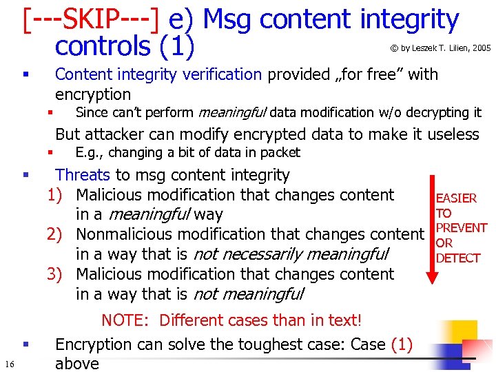 [---SKIP---] e) Msg content integrity controls (1) © by Leszek T. Lilien, 2005 Content