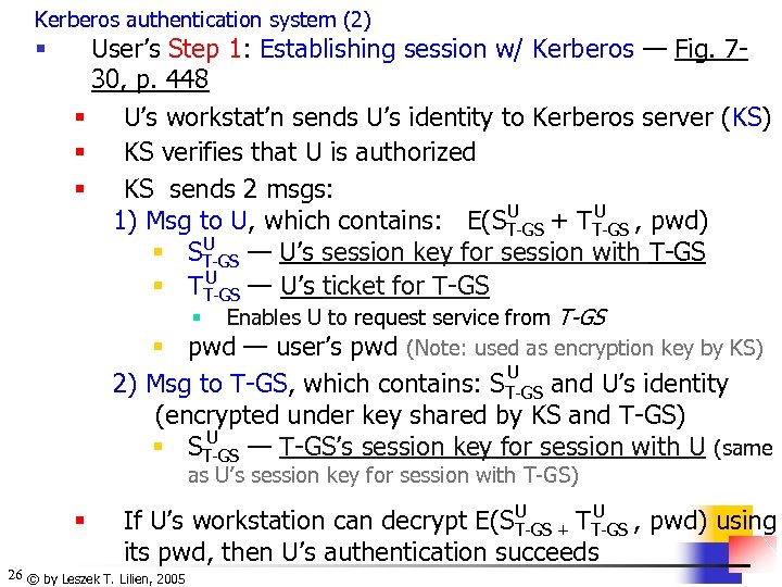 Kerberos authentication system (2) § User’s Step 1: Establishing session w/ Kerberos — Fig.