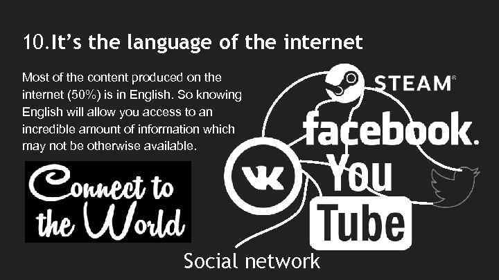 10. It’s the language of the internet Most of the content produced on the