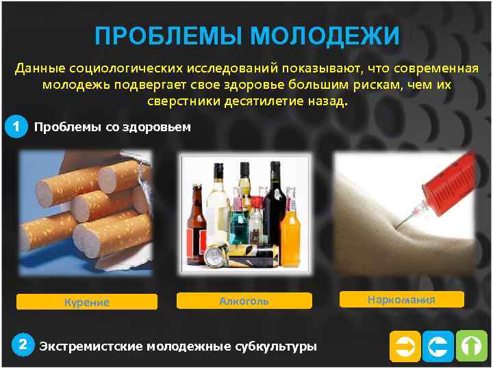 ПРОБЛЕМЫ МОЛОДЕЖИ Данные социологических исследований показывают, что современная молодежь подвергает свое здоровье большим рискам,