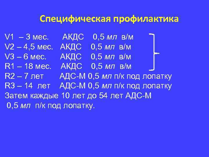 Специфическая профилактика V 1 – 3 мес. АКДС 0, 5 мл в/м V 2