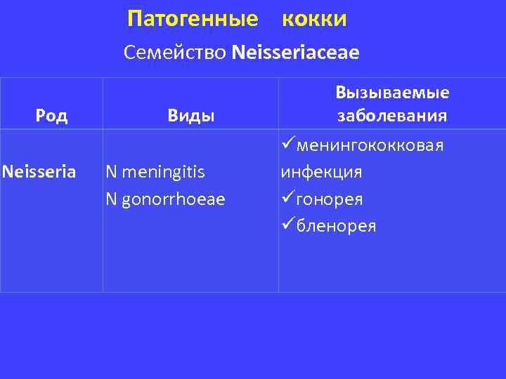 Патогенные кокки Семейство Neisseriaceae Род Neisseria Виды N meningitis N gonorrhoeaе Вызываемые заболевания üменингококковая