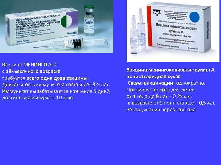 Вакцина МЕНИНГО А+С с 18 -месячного возраста требуется всего одна доза вакцины. Длительность иммунитета