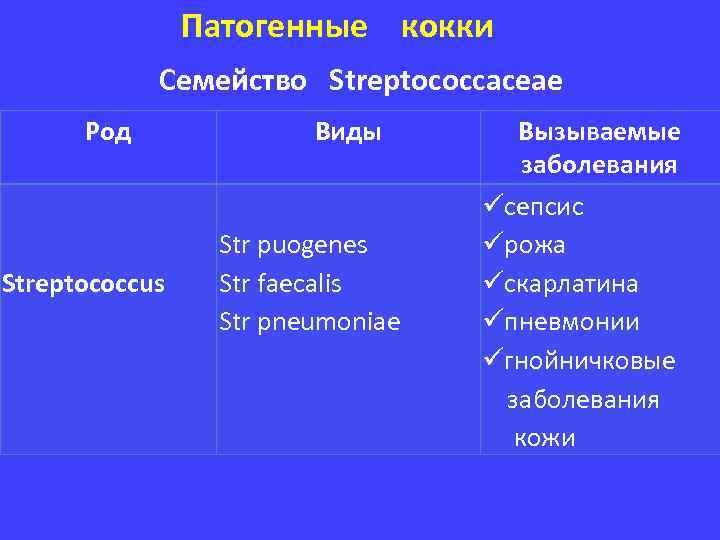 Патогенные кокки Семейство Streptococcaceae Род Streptococcus Виды Str puоgenes Str faecalis Str pneumoniae Вызываемые