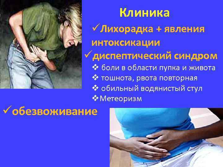 Клиника üЛихорадка + явления интоксикации üдиспептический синдром v боли в области пупка и живота