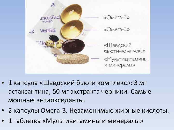  • 1 капсула «Шведский бьюти комплекс» : 3 мг астаксантина, 50 мг экстракта