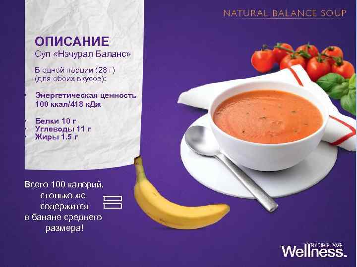 ОПИСАНИЕ Суп «Нэчурал Баланс» В одной порции (28 г) (для обоих вкусов): • Энергетическая