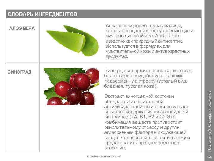СЛОВАРЬ ИНГРЕДИЕНТОВ ВИНОГРАД Алоэ вера содержит полисахариды, которые определяют его увлажняющие и смягчающие свойства.