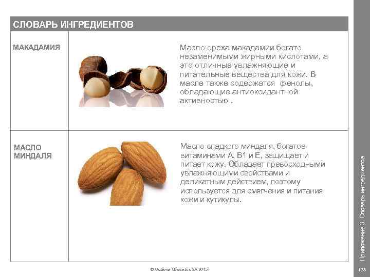 СЛОВАРЬ ИНГРЕДИЕНТОВ Масло ореха макадамии богато незаменимыми жирными кислотами, а это отличные увлажняющие и